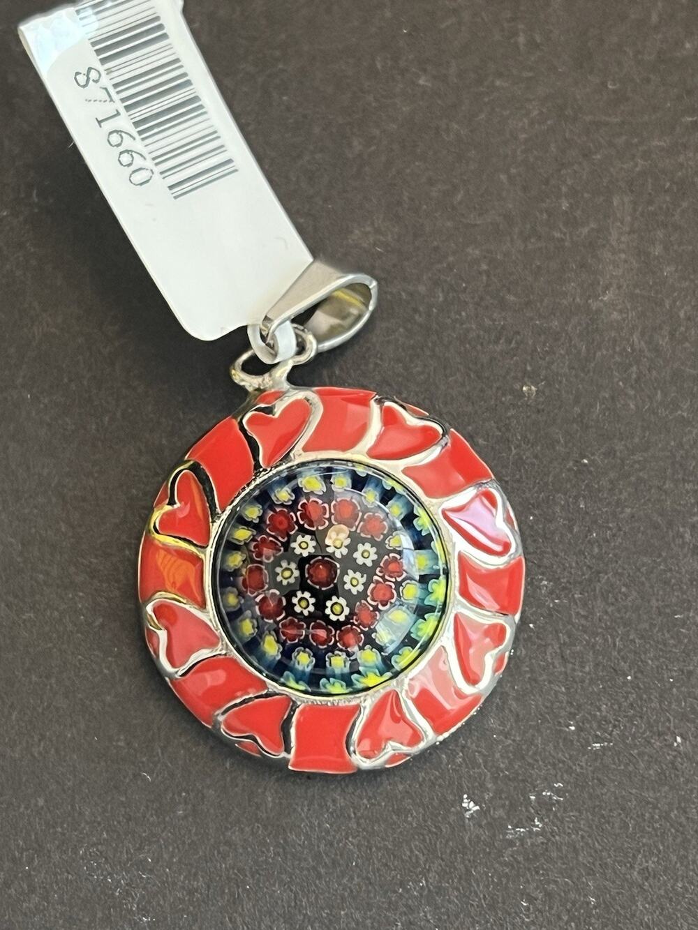Vintage Millefiori Style Heart Pendant Round Art Glass Charm Silver Tone New